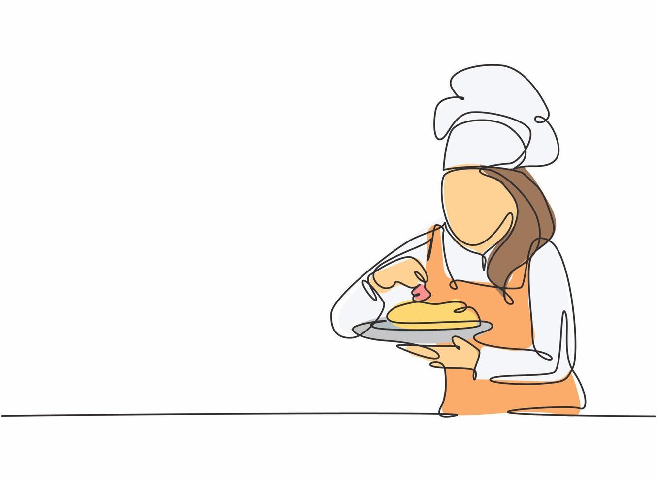 Kontinuierliche Zeichnung einer jungen selbstbewussten Schönheitsköchin mit funkelnden Salz und Pfeffer zum Hauptgericht, bevor sie dem Kunden serviert wird. Lebensmittelkonzept einzeilige Grafikdesign-Vektorillustration zeichnen vektor