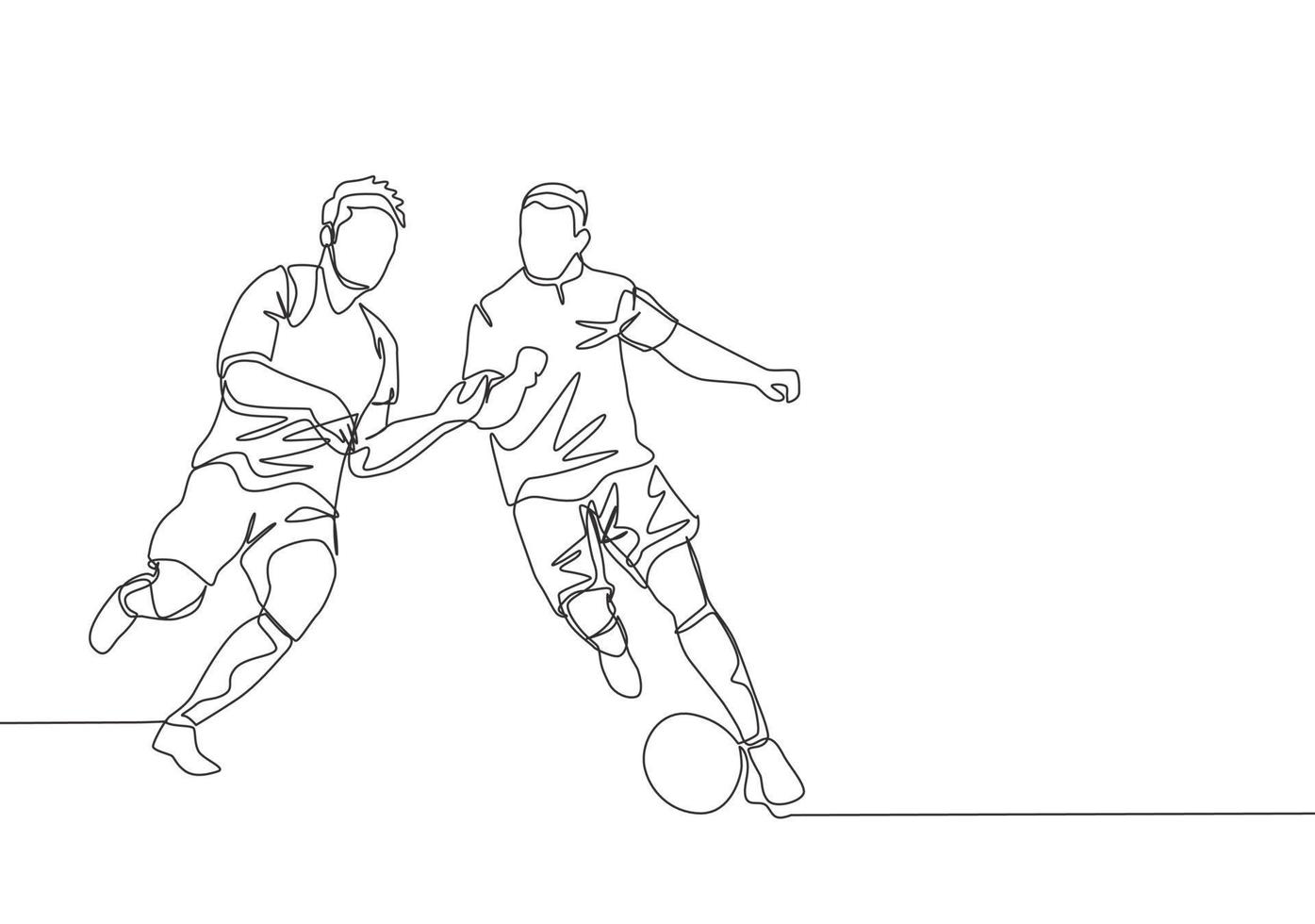 enda kontinuerlig linje teckning av ung energisk fotboll spelare försvara de boll från motståndare spelare vem vilja till beslagtagen Det. fotboll match sporter begrepp. ett linje dra design vektor illustration