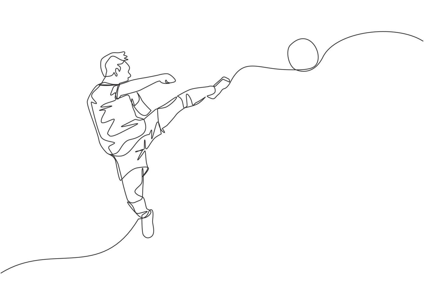 einer Single Linie Zeichnung von jung glücklich Fußball Spieler trainieren treten das Ball während Springen beim das Feld Stadion. Fußball Spiel Sport Konzept. kontinuierlich Linie zeichnen Design Vektor Illustration