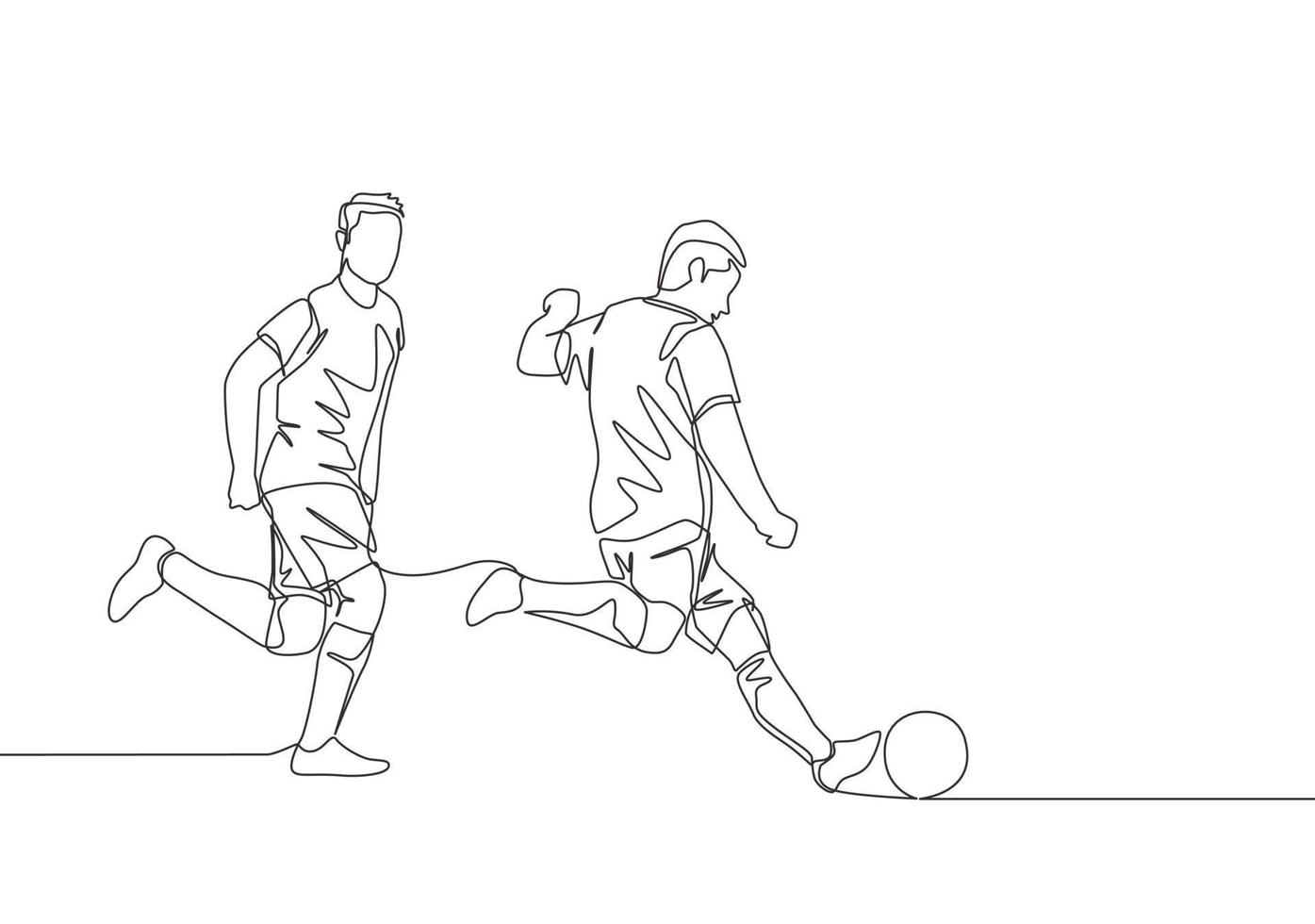 ett kontinuerlig linje teckning av ung energisk fotboll spelare sparkar de boll till passera till hans lagkamrater. fotboll match sporter begrepp. enda linje dra design vektor illustration