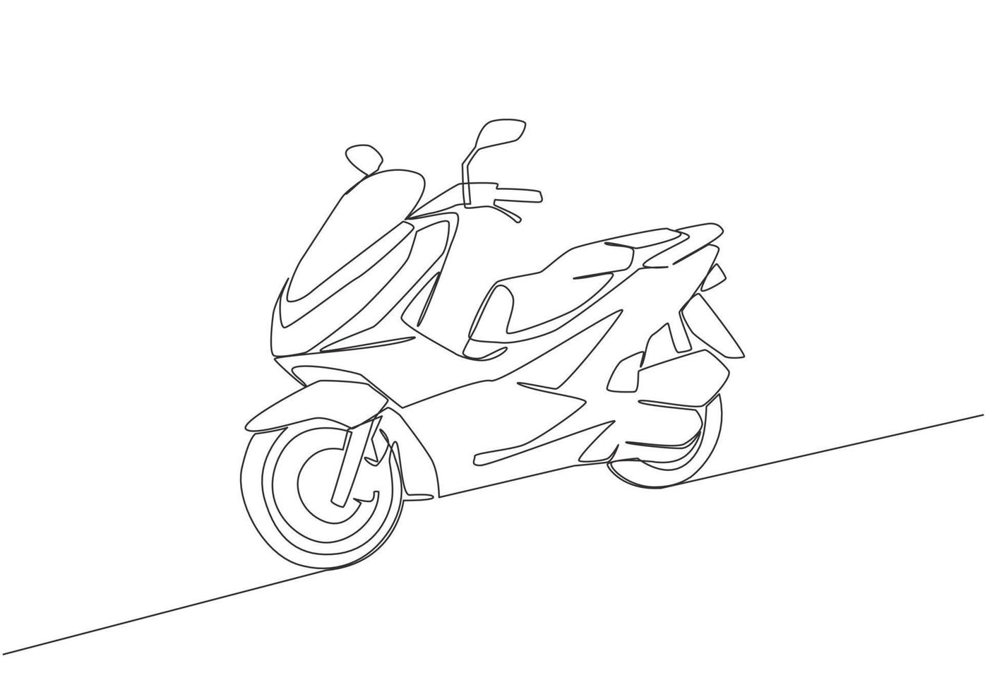 enda kontinuerlig linje teckning av trendig lyx asiatisk underbenet motorcykel logotyp. automatisk skoter motorcykel begrepp. ett linje dra design vektor illustration