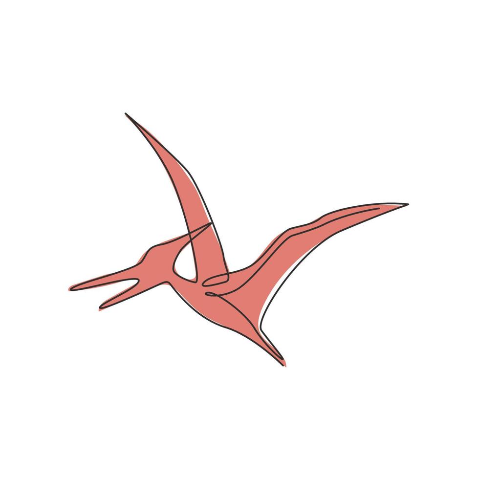 enkel kontinuerlig linjeritning av aggressiv flygande pterodactyl för logotypidentitet. förhistoriska djur maskot koncept för dinosaurier tema nöjespark ikon. en rad rita design vektorillustration vektor