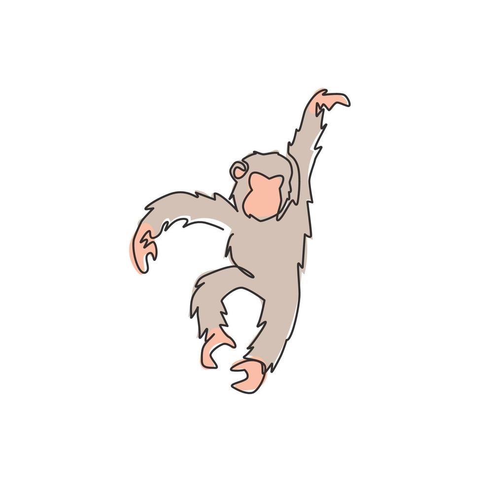 enda kontinuerlig linjeteckning av söt hoppande schimpans för national zoo-logotyp. bedårande primat djur maskot koncept för cirkus show ikon. en rad rita grafisk design vektorillustration vektor
