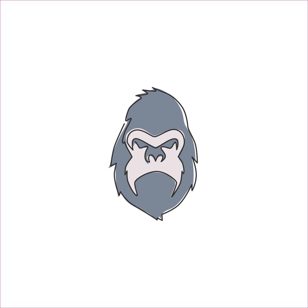 enda kontinuerlig linjeritning av gorillahuvud för nationell djurparkslogotyp. apa primat djur porträtt maskot koncept för e-sport team klubbikon. en rad rita design grafisk vektorillustration vektor