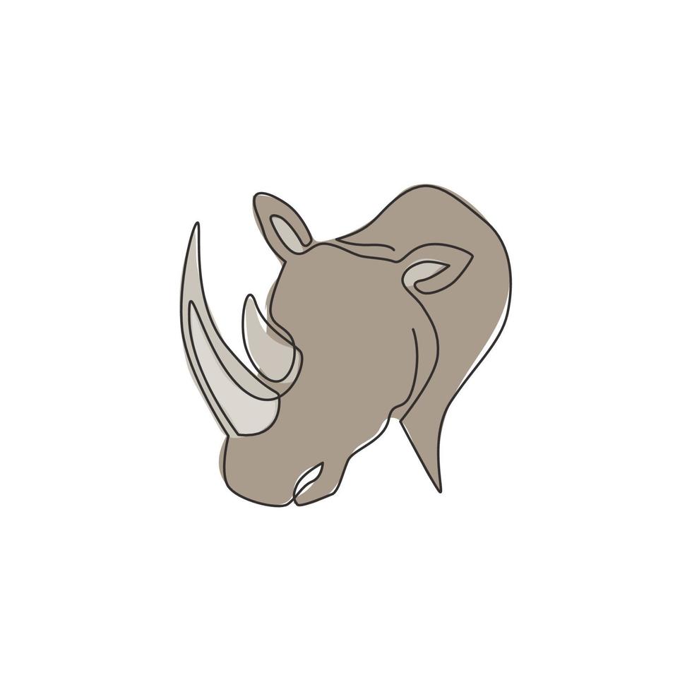 eine durchgehende Strichzeichnung eines starken Breitmaulnashornkopfes für die Identität des Firmenlogos. Afrikanisches Nashorn-Tiermaskottchenkonzept für die nationale Zoo-Safari. einzeilig zeichnen design illustration grafik vektor