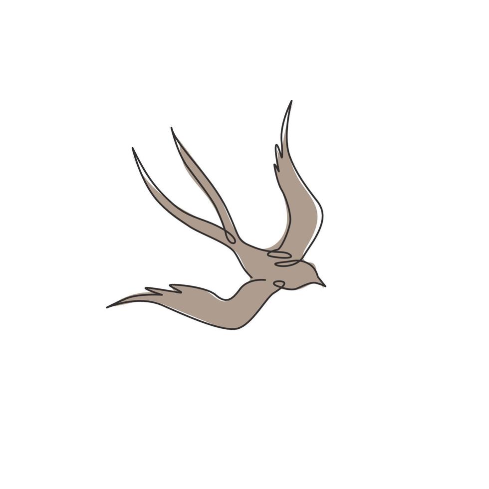 Eine einzige Strichzeichnung einer eleganten Schwalbe für die Firmenlogo-Identität. kleines vogelmaskottchenkonzept für gesundes lebensmittelsymbol. moderne durchgehende Linie zeichnen Design-Vektorgrafik-Illustration vektor