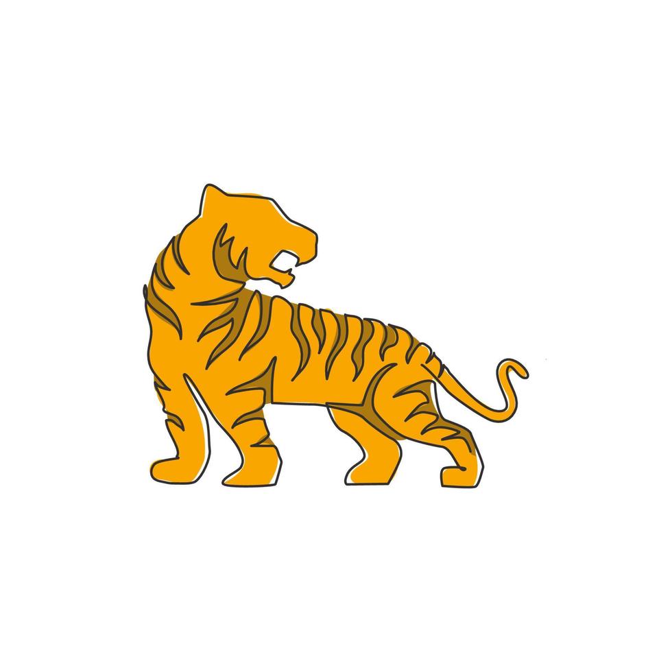 enda kontinuerlig linjeteckning av elegant asiatisk tiger för sportklubblogotypidentitet. farlig stor avskalad katt däggdjur djur maskot koncept för spelklubb. en rad rita design vektorillustration vektor