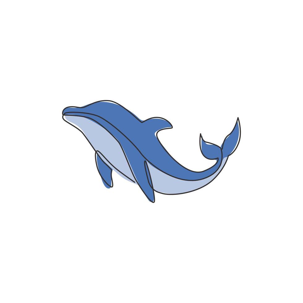 en enda linjeteckning av söt vacker delfin för företagets logotypidentitet. rolig skönhet däggdjur djur maskot koncept för cirkus ikon. modern kontinuerlig linje rita vektor grafisk design illustration