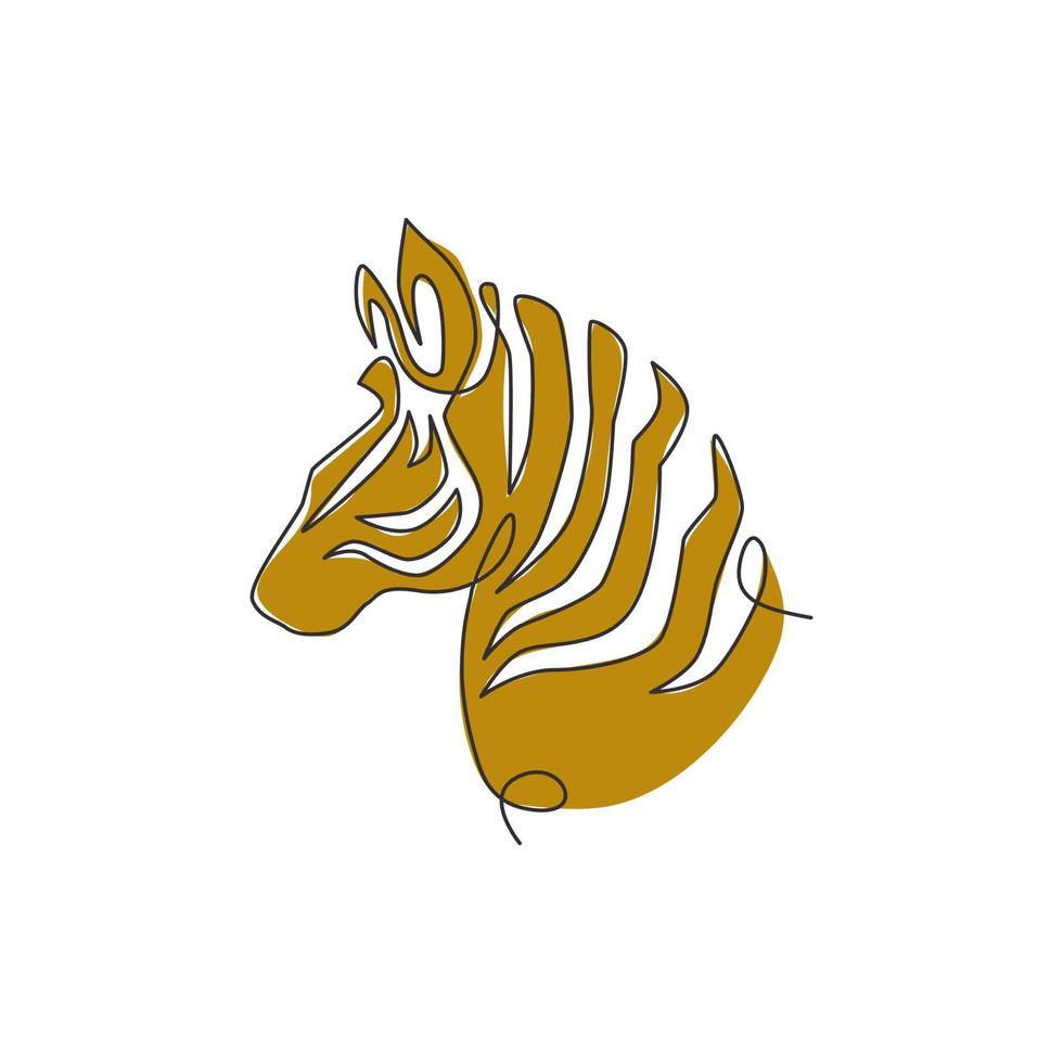 enda kontinuerlig linjeritning av elegant zebrahuvud för företagets logotypidentitet. häst med ränder däggdjur djur koncept för nationalpark safari zoo maskot. trendiga en rad rita design illustration vektor