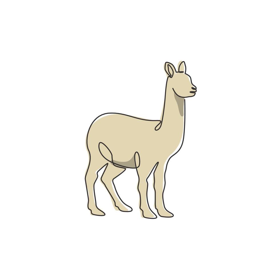 en kontinuerlig linjeteckning av rolig alpacka för gårdslogotypidentitet. tama däggdjur djur maskot koncept för boskap ikon. moderna en rad rita design vektorgrafisk illustration vektor