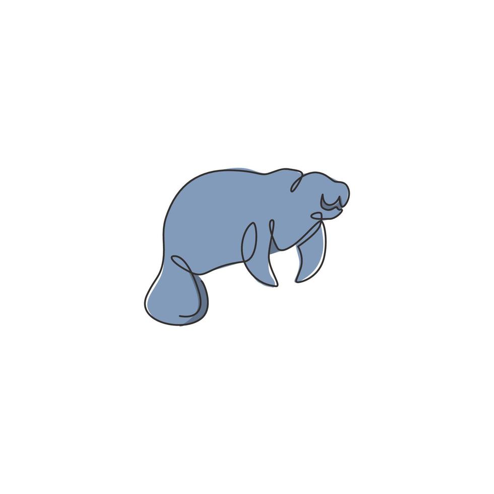 en enda linjeteckning av bedårande manatee för stiftelsens logotypidentitet. växtätande marina däggdjur maskot koncept för Sea World Show ikon. modern kontinuerlig linje rita design vektorillustration vektor