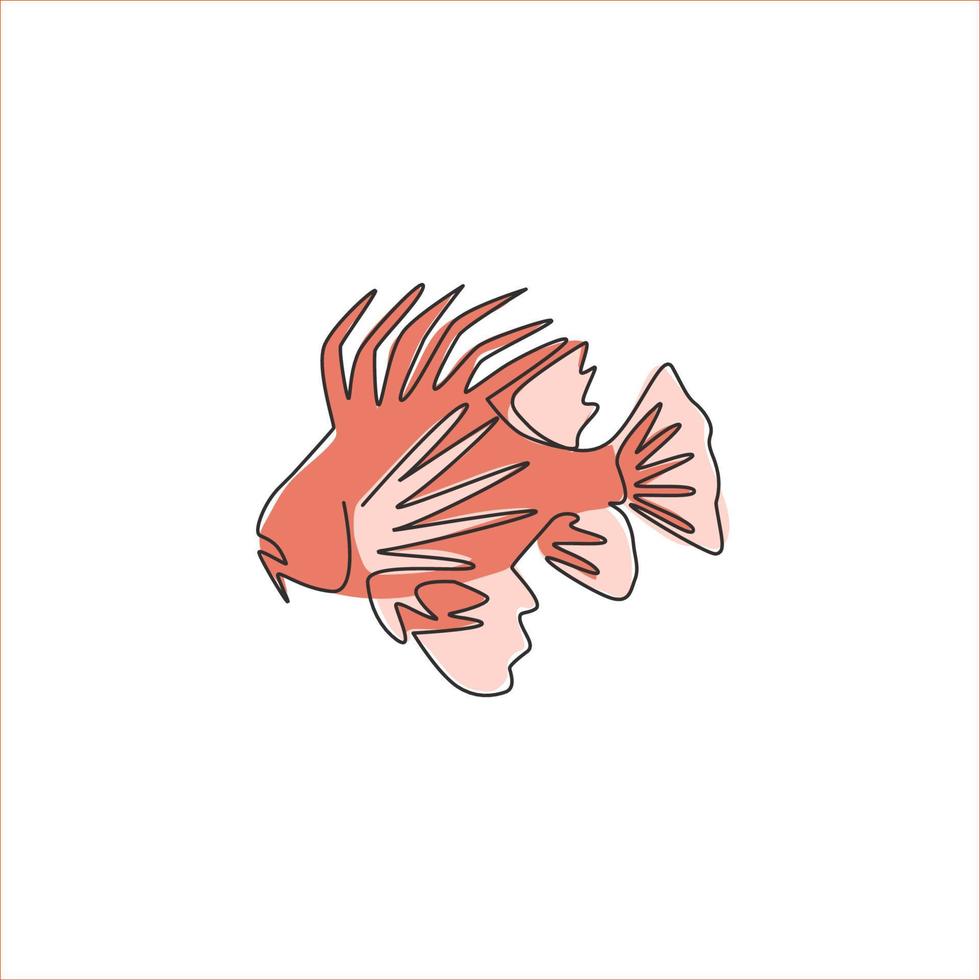 eine einzige Strichzeichnung von furchterregenden Rotfeuerfischen für die Identität des Firmenlogos. Unterwasser-Fischkreatur-Maskottchen-Konzept für das Symbol der Meereswelt-Show. moderne durchgehende Linie zeichnen Design-Vektor-Illustration vektor
