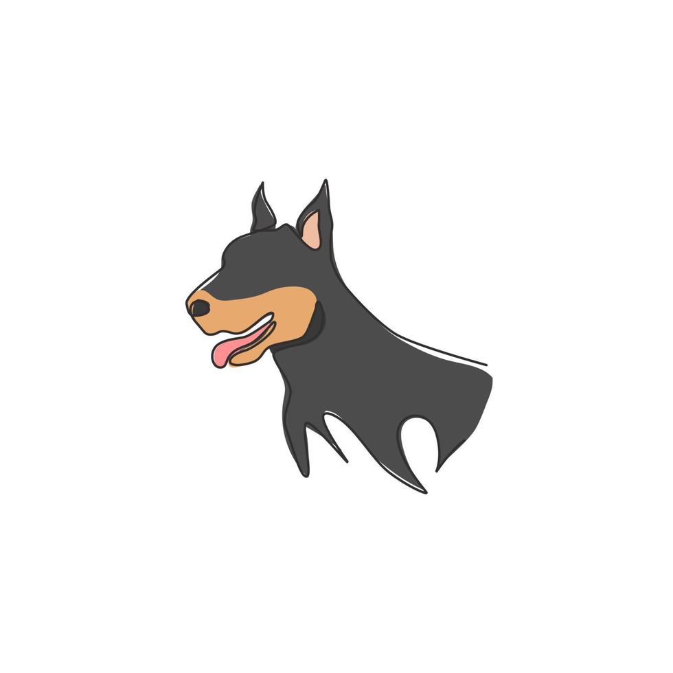 en kontinuerlig linjeritning av hård dobermanhund för säkerhetsföretagets logotypidentitet. renrasig hundmaskotkoncept för stamtavlavänlig husdjursikon. moderna en rad rita design vektorillustration vektor