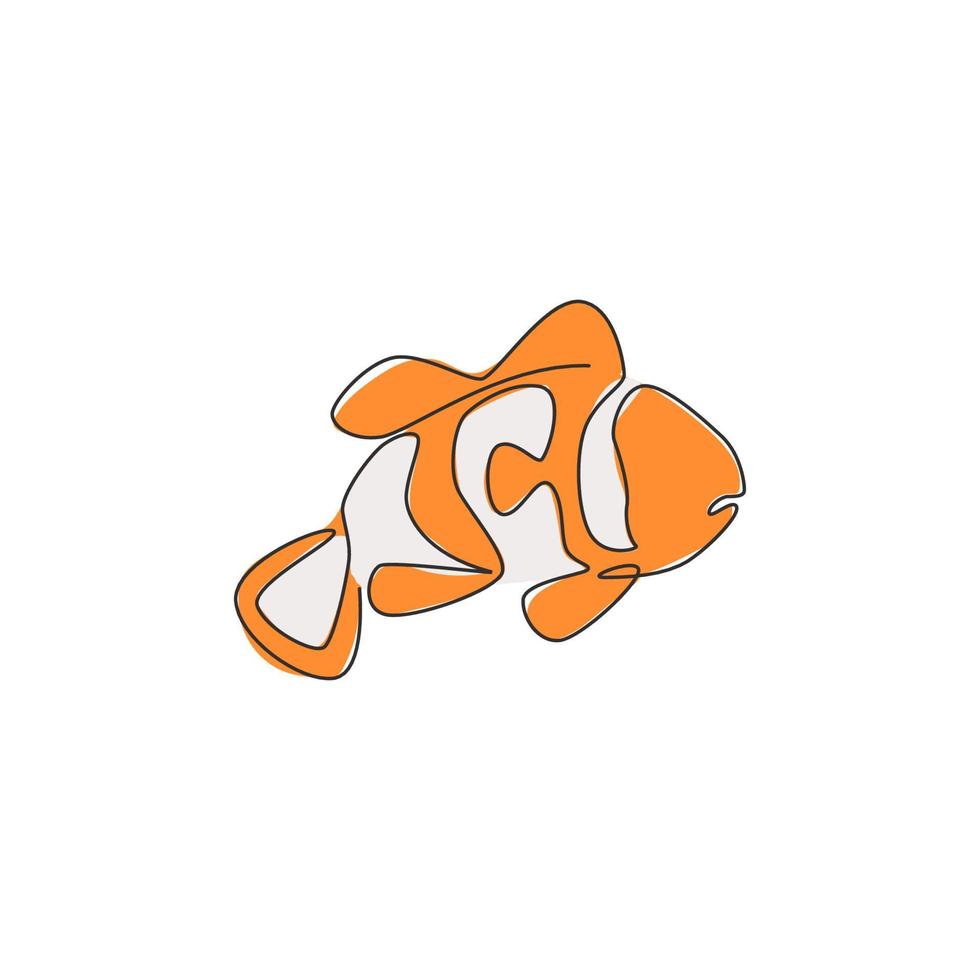 enda kontinuerlig linjeteckning av rolig clownfisk för logotypidentitet. avskalad anemonefish maskot koncept för national zoo ikon. moderna en rad rita design vektorillustration vektor