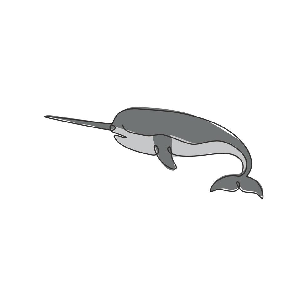 einzelne durchgehende Strichzeichnung eines entzückenden Narwals für die Logoidentität. Narwal-Tier-Maskottchen-Konzept für das Symbol der magischen Kreatur. eine linie zeichnen design vektorgrafik illustration vektor