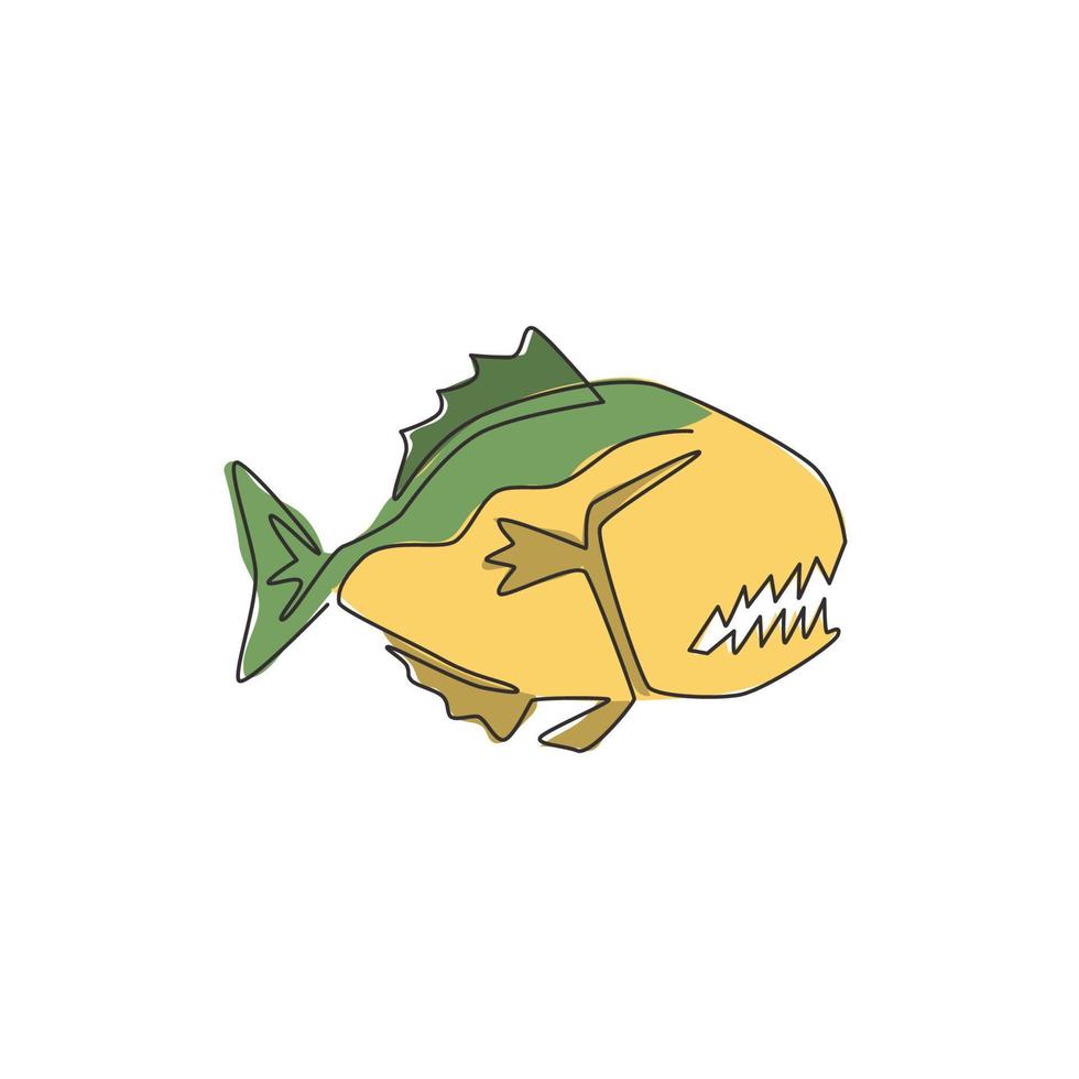 en kontinuerlig linjeritning av farlig piranha för logotypidentitet. monster fisk maskot koncept för farlig flod tecken ikon. enda rad rita design vektorgrafisk illustration vektor