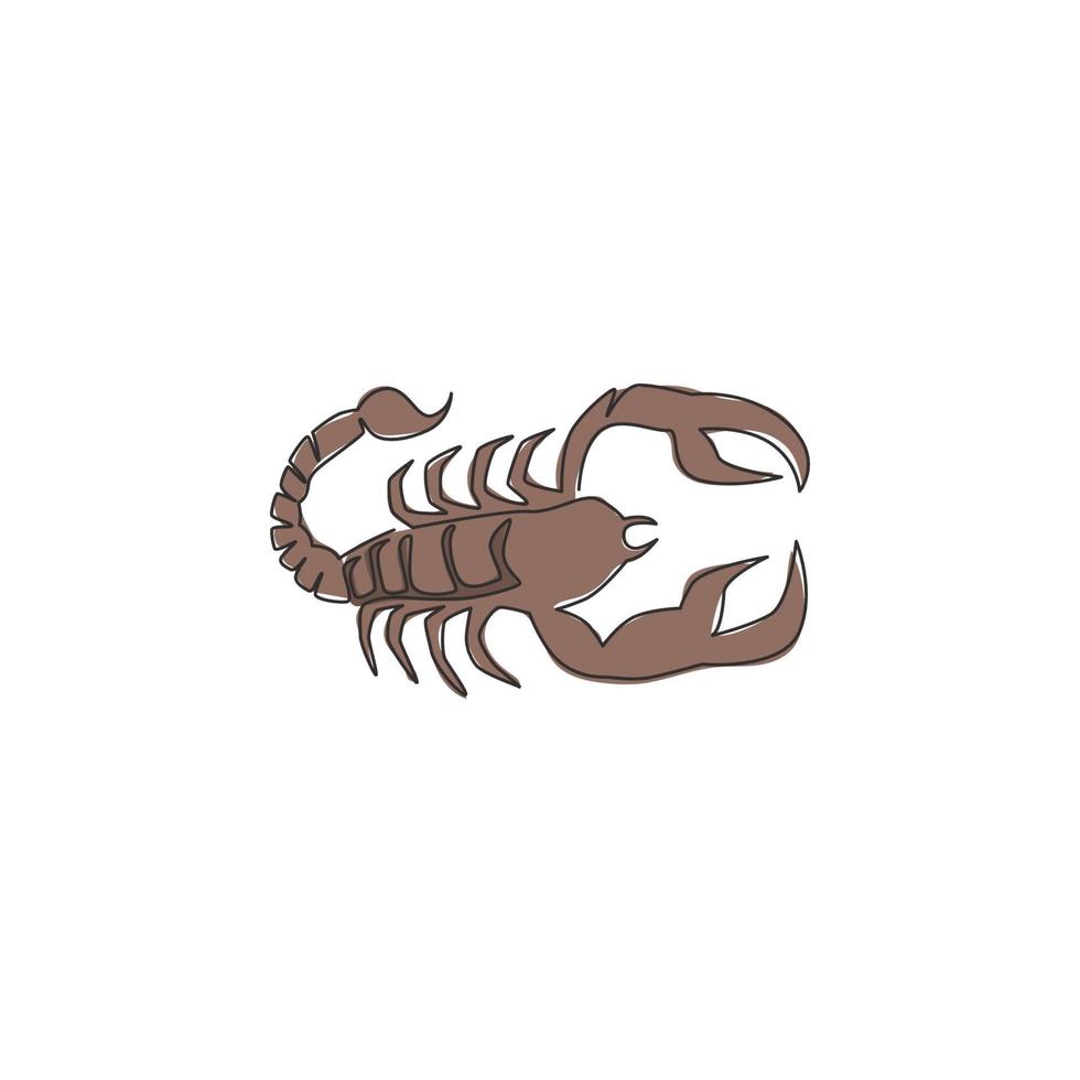 einzelne durchgehende Linienzeichnung des tödlichen Skorpions für die Identität des Firmenlogos. tödliches Arthropoden-Maskottchen-Konzept für das Symbol des Kampfkunstclubs. eine linie zeichnen grafikdesign-vektorillustration vektor
