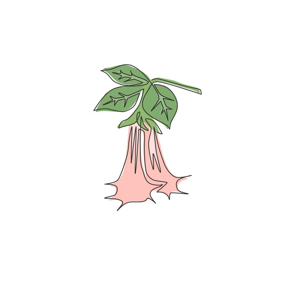 en kontinuerlig linjeteckning av skönhet färsk brugmansia för heminredning väggkonst affischtryck. dekorativ ängel trumpet blomma koncept för gratulationskort. enkel rad rita design vektorillustration vektor