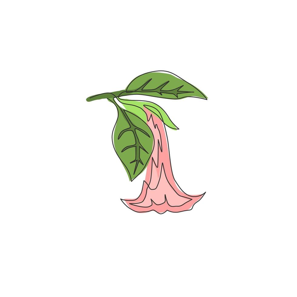 enda kontinuerlig linjeteckning av skönhet färsk brugmansia för väggdekor hem konst affischtryck. dekorativ ängel trumpet blomma för ram för gratulationskort. moderna en rad rita design vektorillustration vektor