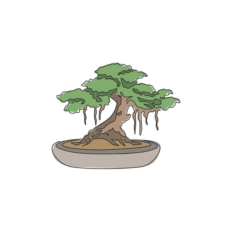 enda kontinuerlig linjeteckning av vackra och exotiska japanska bonsaiträd. dekorativt gammalt litet banyanträdkoncept för heminredning väggkonst affischtryck. moderna en rad rita design vektorillustration vektor