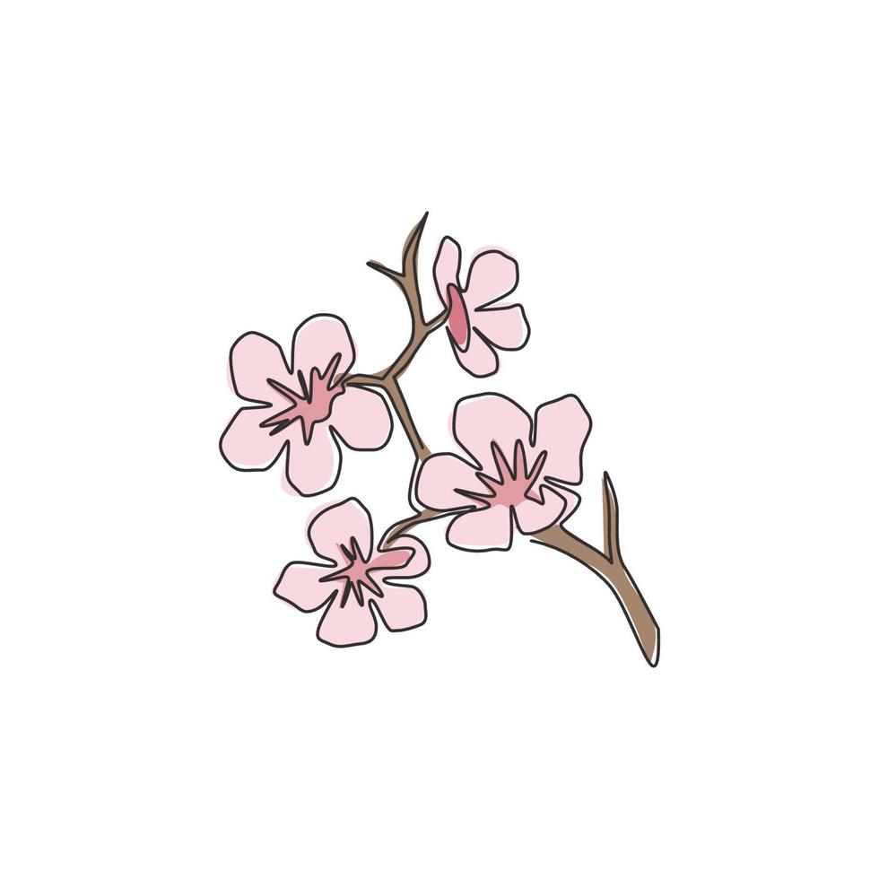 en enda linjeteckning av skönhet färska körsbärsblommor för heminredning väggkonst print affisch. dekorativa sakura blomma koncept för kort prydnad. trendiga kontinuerlig linje rita design vektorillustration vektor