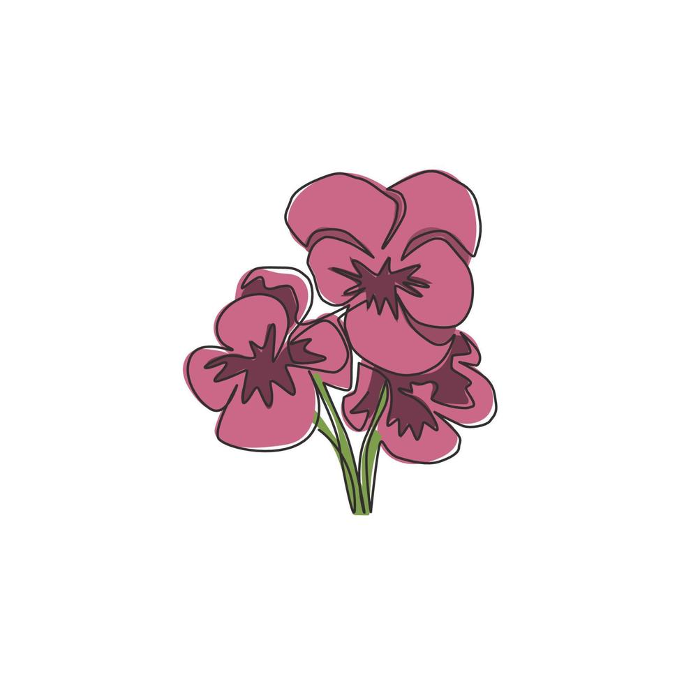 enda kontinuerlig linjeteckning av skönhet färsk viola hybrid växt för väggkonst heminredning affisch. utskrivbar dekorativ penséblomma för gratulationskortprydnad. en rad rita design vektorillustration vektor