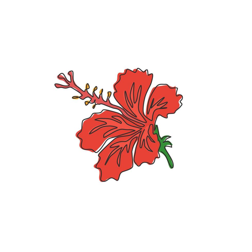 en kontinuerlig linjeteckning av skönhet färsk hibiskus för parkträdgårdslogotyp. utskrivbar affisch rose mallow blomma koncept för hem väggdekoration. moderna en rad rita design vektorgrafisk illustration vektor