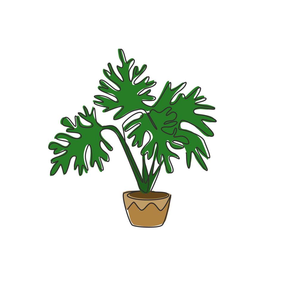 en kontinuerlig linjeritning av krukväxt tropisk bladväxt. utskrivbart dekorativt philodendron selloum krukväxtkoncept för hemväggar. moderna en rad rita design vektorgrafisk illustration vektor