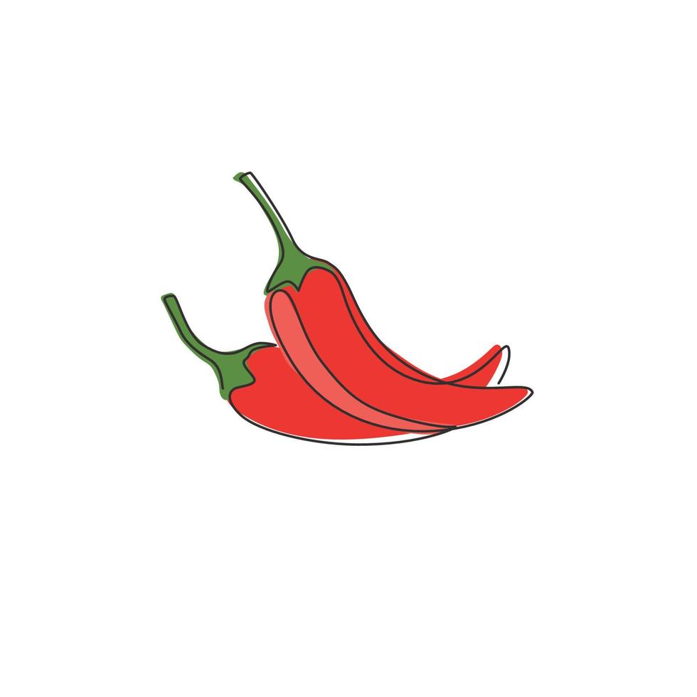 en enda linjeritning av hel hälsosam ekologisk hot chili för gårdslogotyp. färsk chilipeppar koncept för grönsaksikon. modern kontinuerlig linje rita design vektorgrafisk illustration vektor