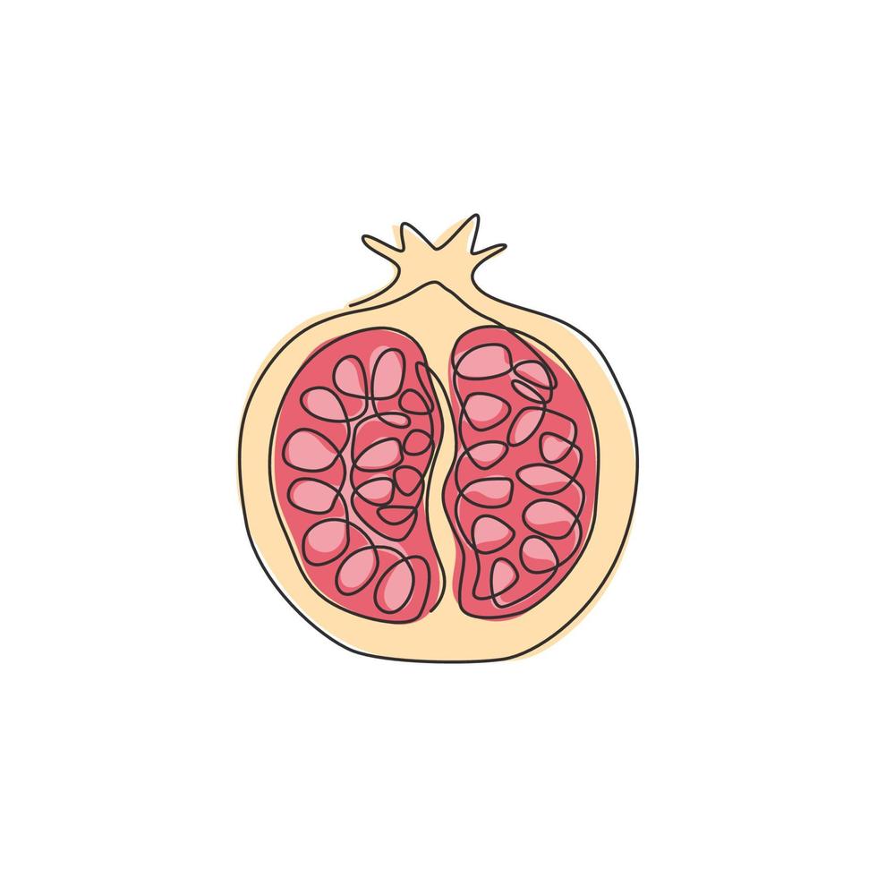 Eine einzige Strichzeichnung von halb geschnittenem, gesundem Bio-Granatapfel für die Identität des Obstgarten-Logos. frisches Fruchtsaatkonzept für Obstgarten-Symbol. moderne durchgehende Linie zeichnen Design-Vektor-Illustration vektor