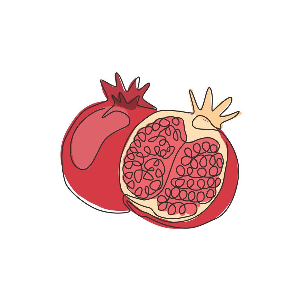 einzelne durchgehende Strichzeichnung von ganz und halb geschnittenem gesundem Bio-Granatapfel für die Identität des Obstgarten-Logos. frisches Saatgut-Konzept für Obstgarten-Symbol. moderne eine linie zeichnen design-vektorillustration vektor