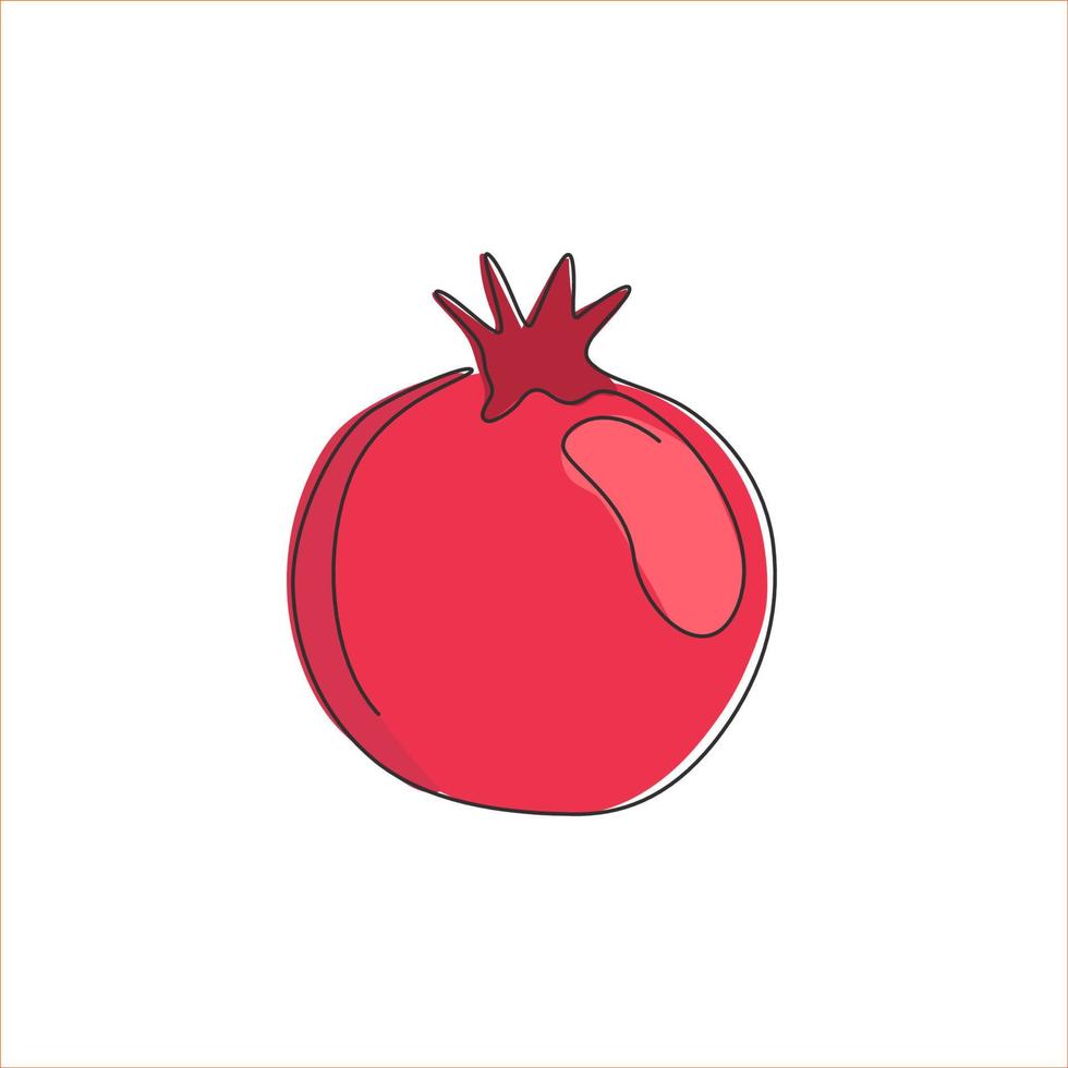 Eine einzige Linie, die einen ganzen gesunden Bio-Granatapfel für die Logoidentität des Obstgartens zeichnet. Konzept für frische Fruchtsamen für Obstgarten-Symbol. moderne durchgehende Linie zeichnen Design-Vektorgrafik-Illustration vektor