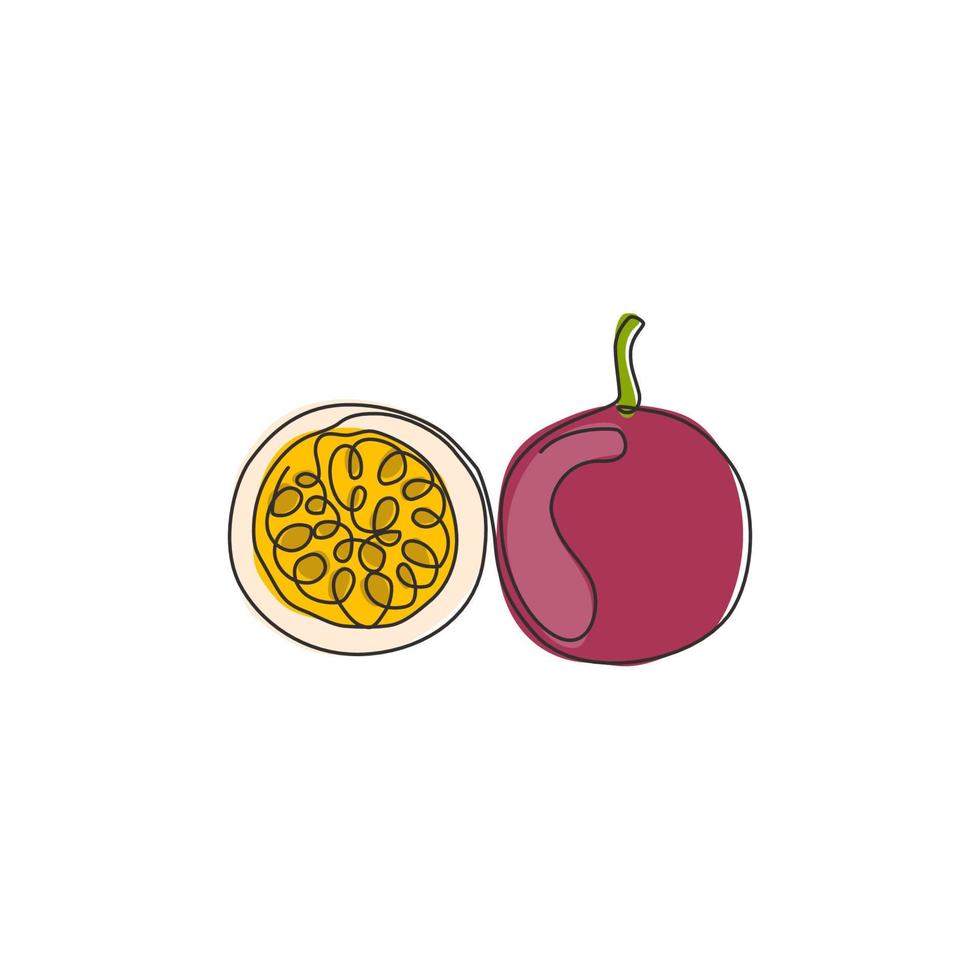 eine durchgehende Linie, die ganze gesunde Bio-Maracujas für die Logoidentität des Obstgartens zeichnet. Frisches Sommerfruchtkonzept für Obstgartenikone. moderne einzeilig zeichnende Design-Grafik-Vektor-Illustration vektor