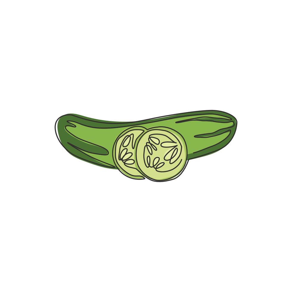 en enda rad som ritar hel och skivad hälsosam ekologisk gurka för att skapa en logotyp för fruktträdgården. färska grönsaker koncept för vegansk trädgård ikon. kontinuerlig linje rita design grafisk vektorillustration vektor