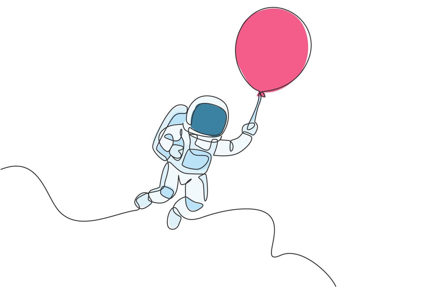 en enda radritning av rymdman astronaut som utforskar kosmisk galax, flyger med ballong vektor grafisk illustration. fantasi yttre rymden liv fiktion koncept. modern kontinuerlig linje rita design