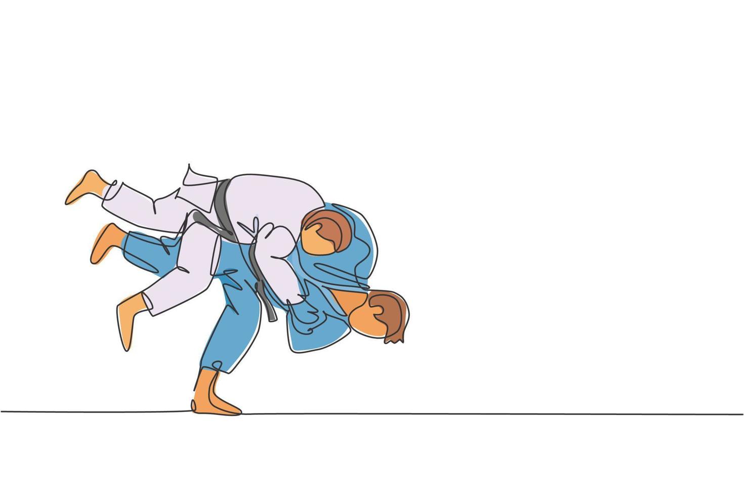 enda kontinuerlig linjeteckning av två unga sportiga judoka fighter män tränar judo skicklighet på dojo gym center. slåss jujitsu, aikido sport koncept. trendiga en rad rita design vektorillustration vektor