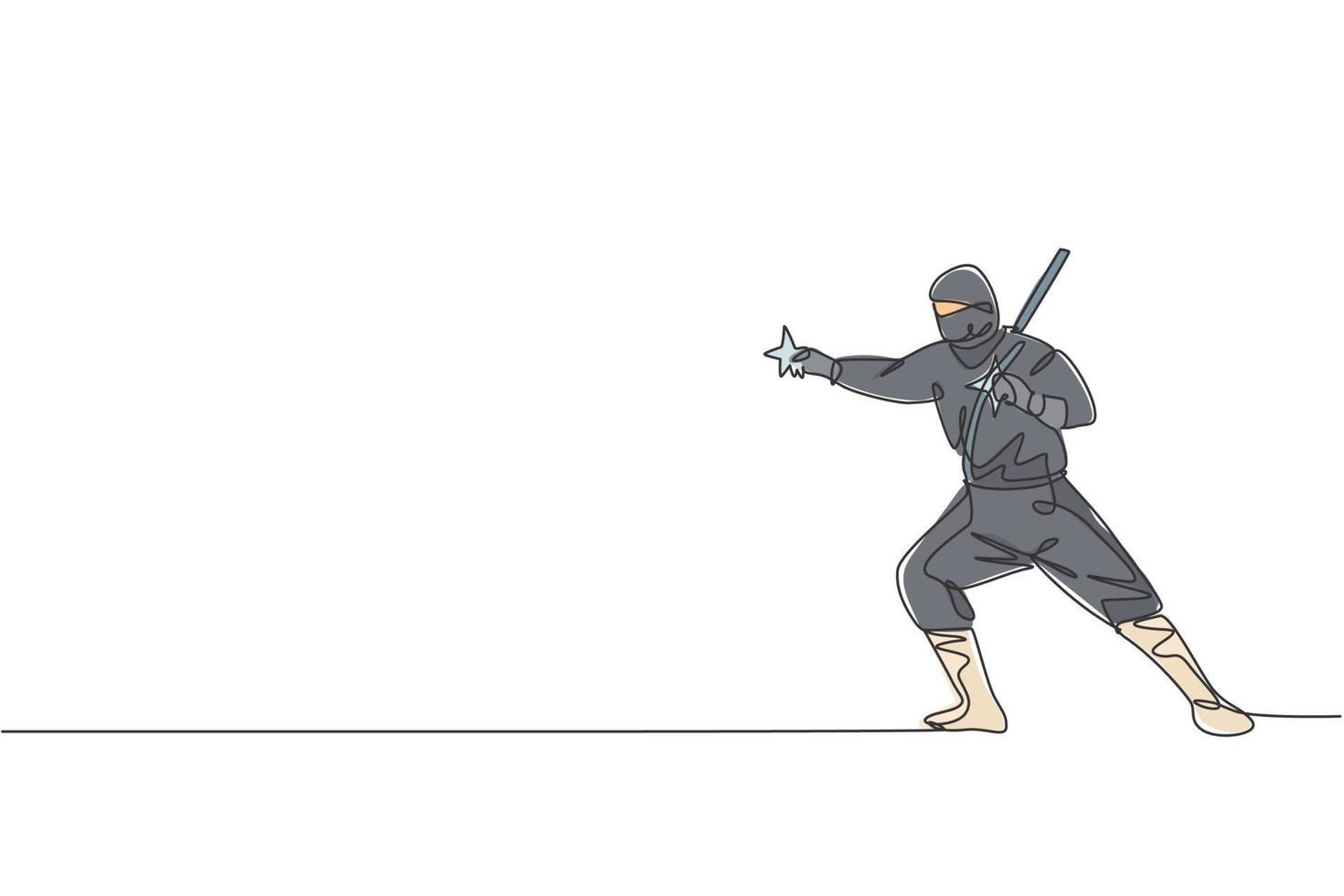 eine durchgehende strichzeichnung eines jungen tapferen japanischen ninja-charakters auf schwarzem kostüm mit angriffsposition. Kampfkunst-Kampfkonzept. dynamische einzeilige zeichnen design vektorgrafik illustration vektor