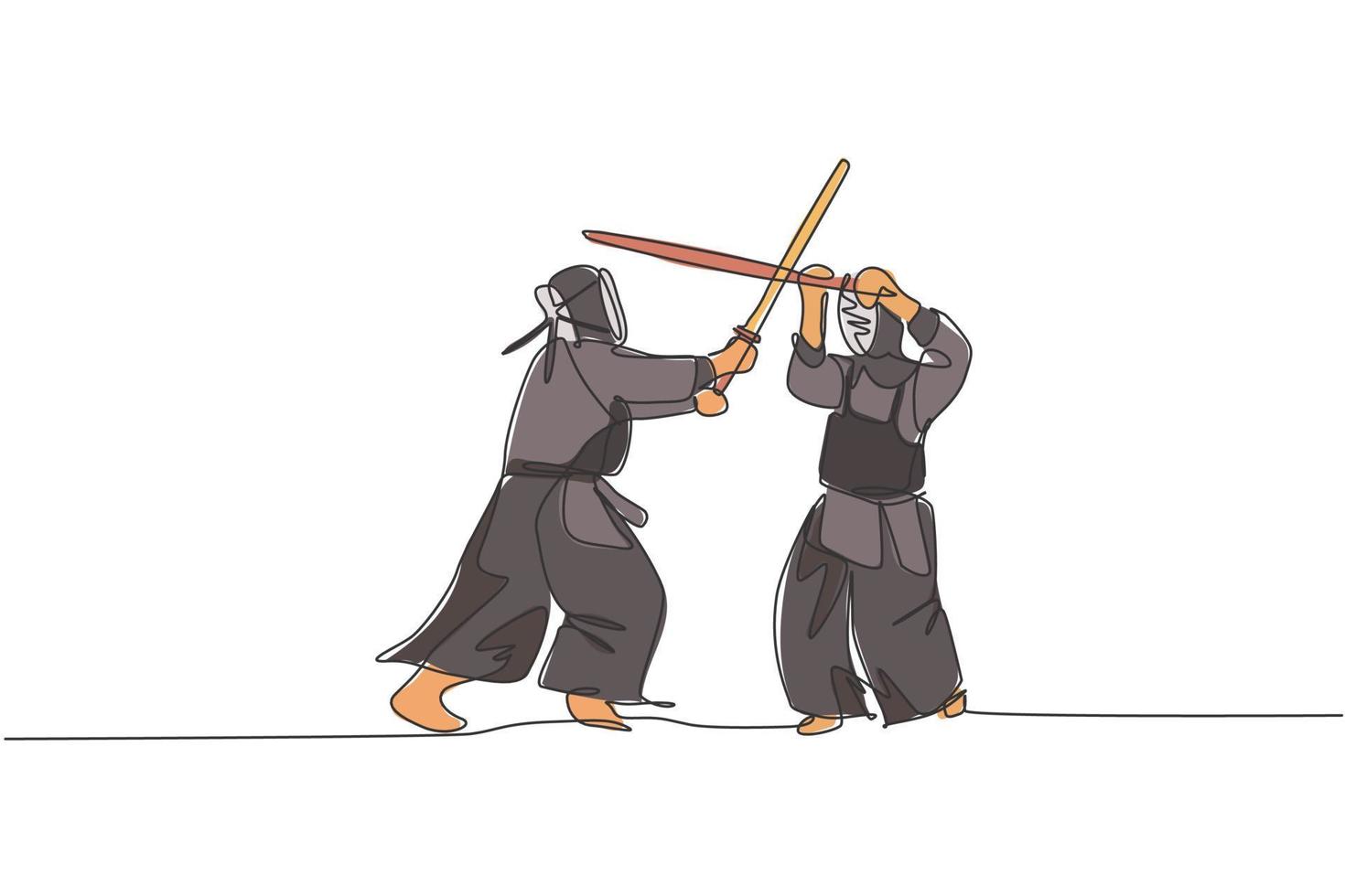 Eine einzige Strichzeichnung von zwei jungen, energischen Männern übt Kendo-Kampfkampf mit Holzschwert in der Vektorillustration des Fitnessstudios aus. Kampfsportkonzept. modernes Design mit durchgehender Linie vektor
