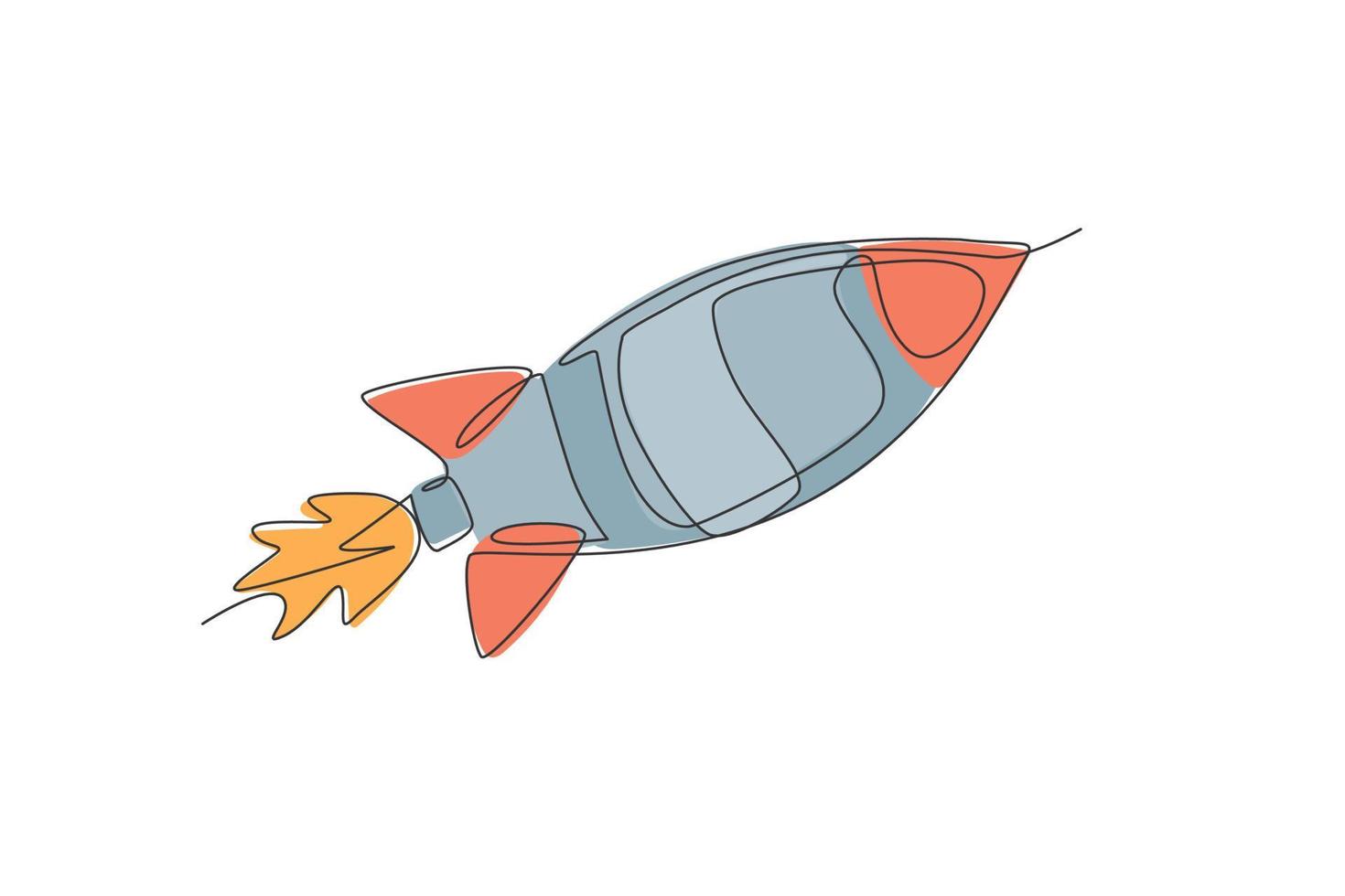 Eine einzige Strichzeichnung einer einfachen Vintage-Rakete hebt in die Vektorgrafik-Illustration des Weltraums ab. Erforschung des galaktischen Kosmos mit Raumschiffkonzept. modernes Design mit durchgehender Linienführung vektor