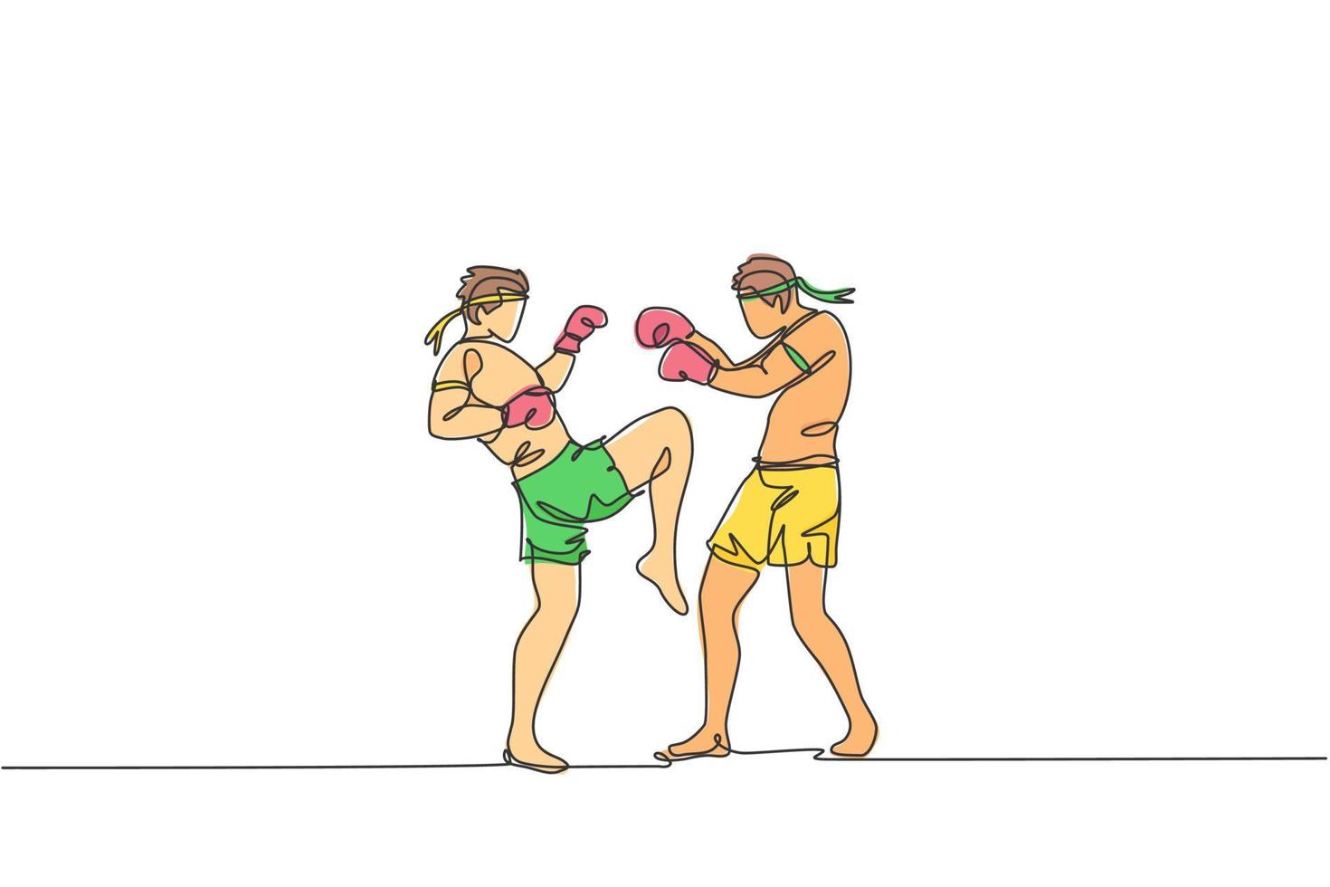 enda kontinuerlig linjeteckning av två unga sportiga män som tränar thaiboxning på gymklubbcentret. stridbart muay thai sportkoncept. tävlingsevenemang. trendiga en rad rita design vektorillustration vektor