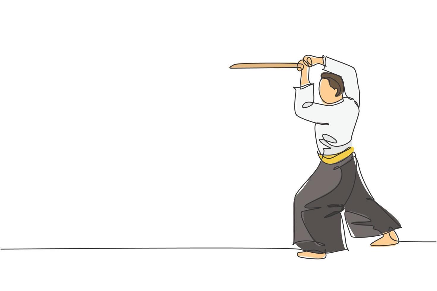 Eine einzige Strichzeichnung eines jungen, energischen Mannes, der Kimono-Übungs-Aikido-Technik mit Holzschwert in Sporthallenvektorillustration trägt. Sportkonzept für einen gesunden Lebensstil. Design mit durchgehender Linienzeichnung vektor