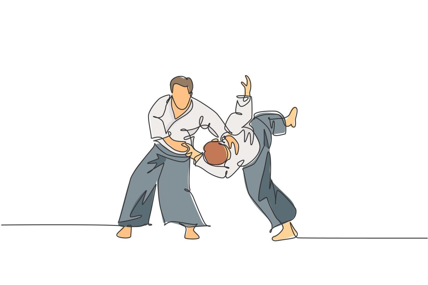 Eine durchgehende Linie, die Aikido-Kämpfer des jungen Mannes zeichnet, üben Kampftrick im Dojo-Trainingszentrum. Kampfsportkonzept der Kampfkunst. dynamische einzeilige Grafikdesign-Vektorillustration zeichnen vektor