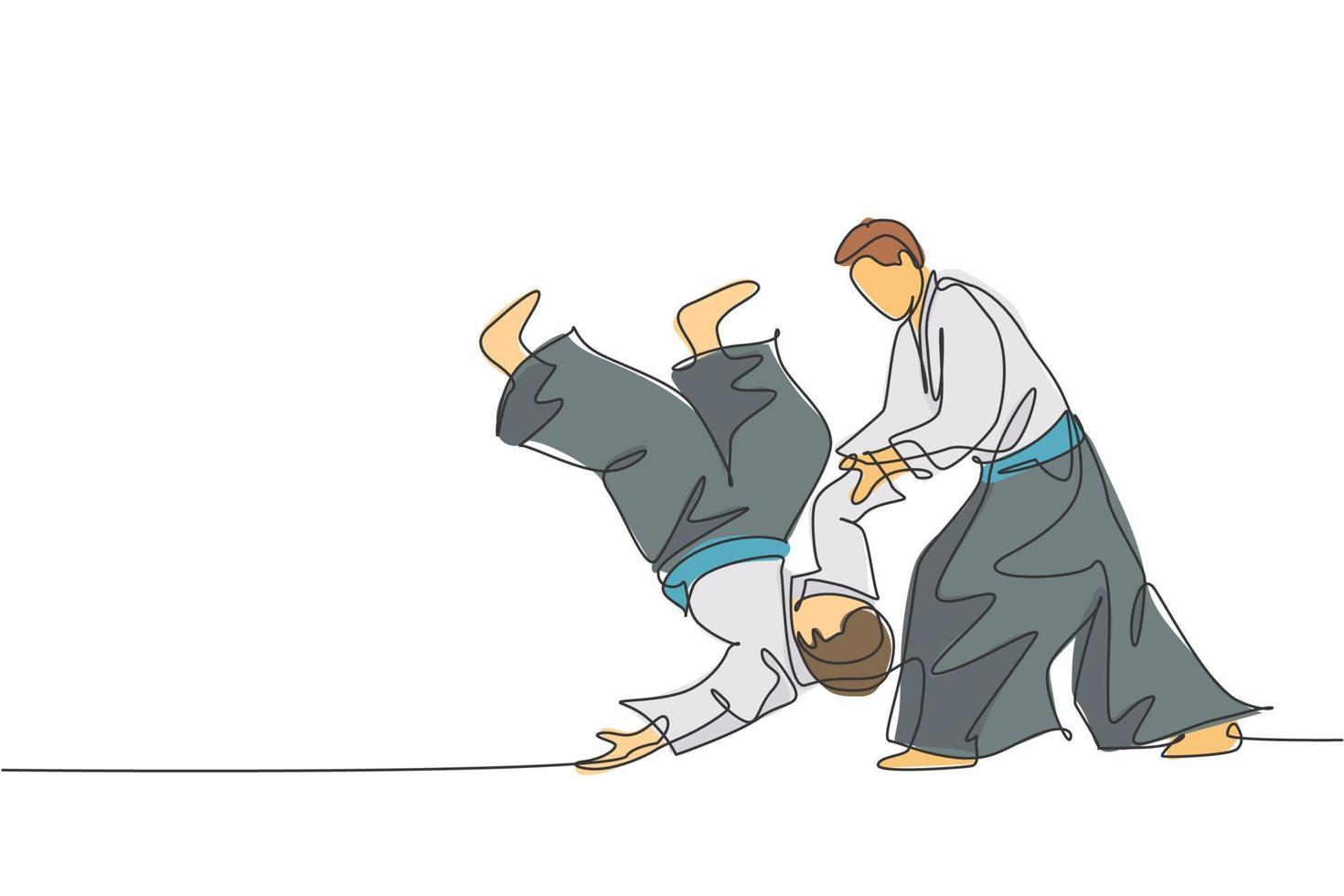 en enda linje ritning två unga energiska män som bär kimono träning aikido slåss i sporthall vektor grafisk illustration. hälsosam livsstil sport koncept. modern kontinuerlig linje rita design