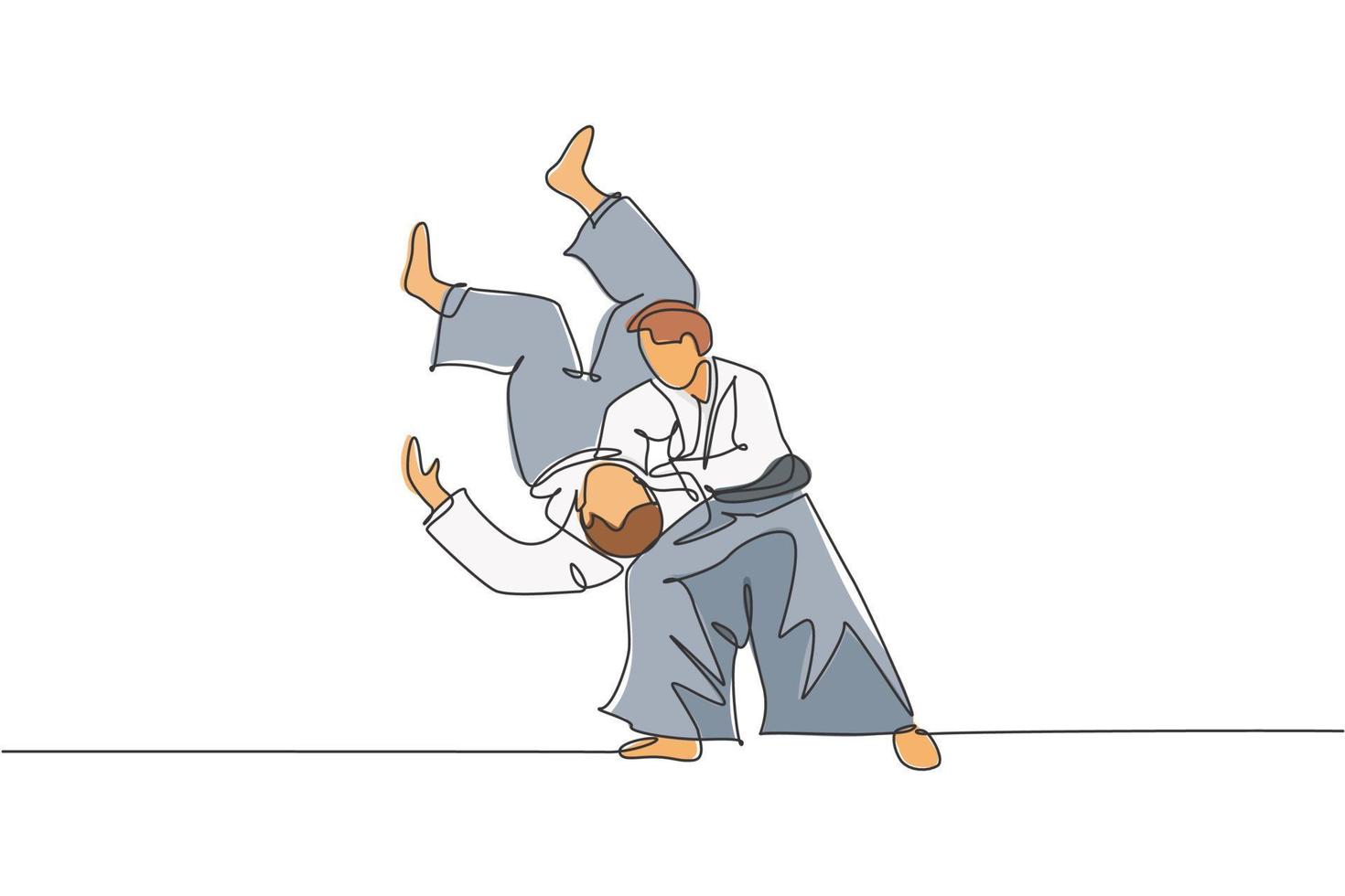 en kontinuerlig linje ritning av två unga män aikido fighter öva slåss tåg smällteknik vid dojo center. kampsport sport koncept. dynamisk enkel linje rita design vektor illustration