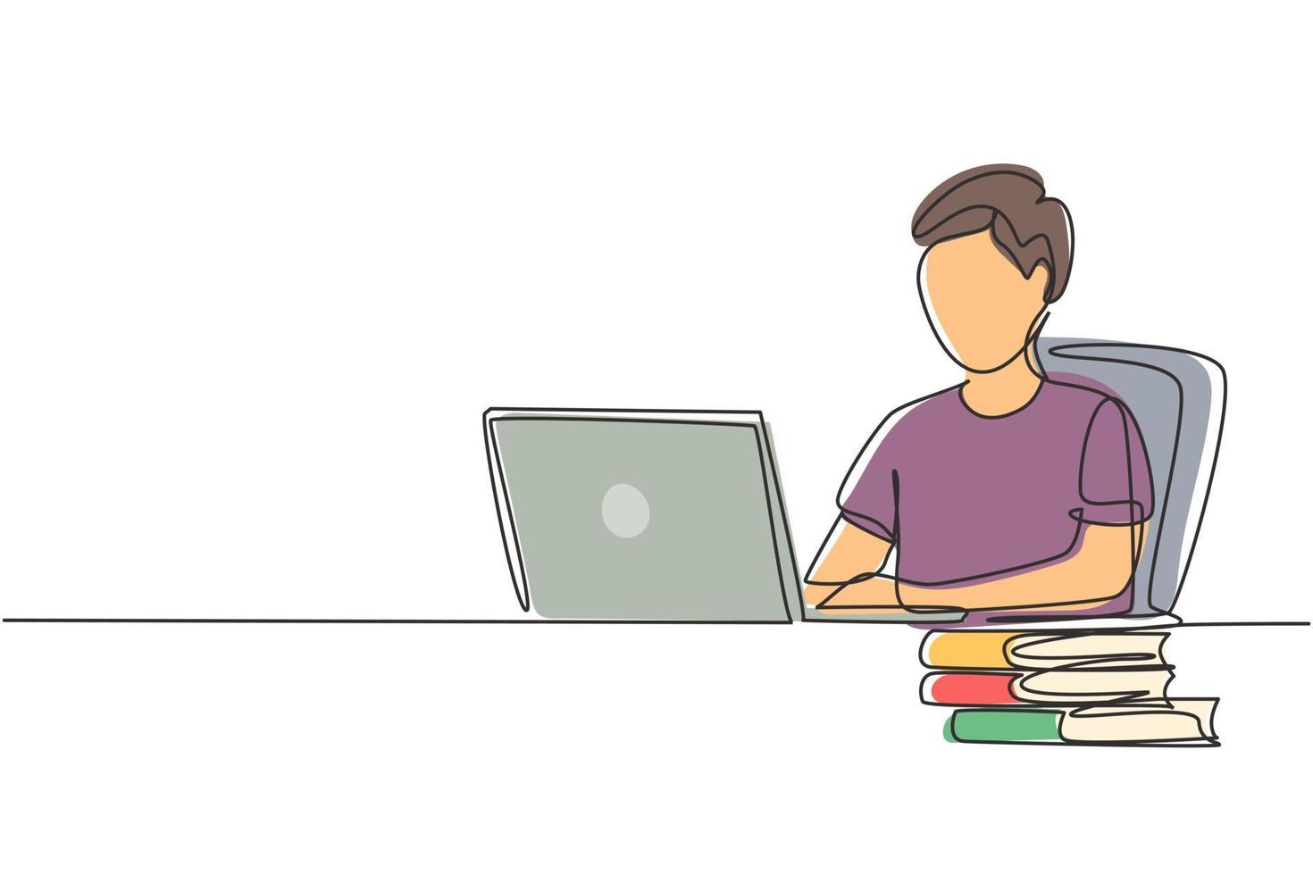 Single One-Line-Zeichnung junger Mann mit Laptop und Stapel Bücher studieren. zurück zur Schule, intelligenter Schüler, Online-Bildungskonzept. moderne durchgehende Linie zeichnen Design-Grafik-Vektor-Illustration vektor