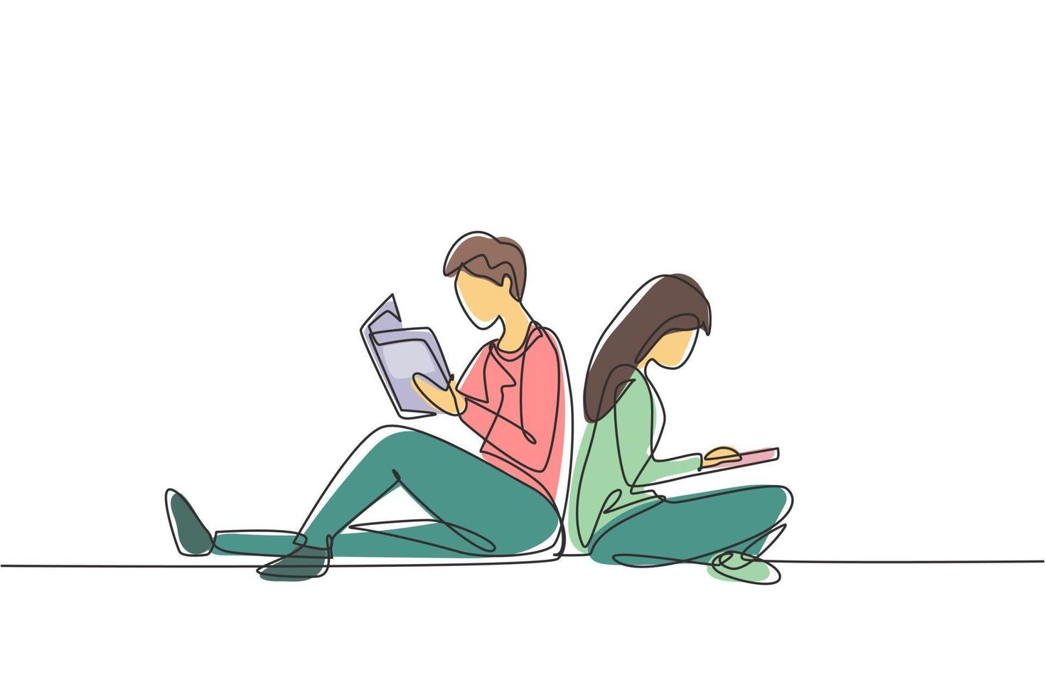 enda kontinuerlig linjeteckning par studenter som läser tillsammans, lär sig och sitter i parken. litteratur fans eller älskare, utbildning koncept. dynamisk en rad rita grafisk design vektorillustration vektor