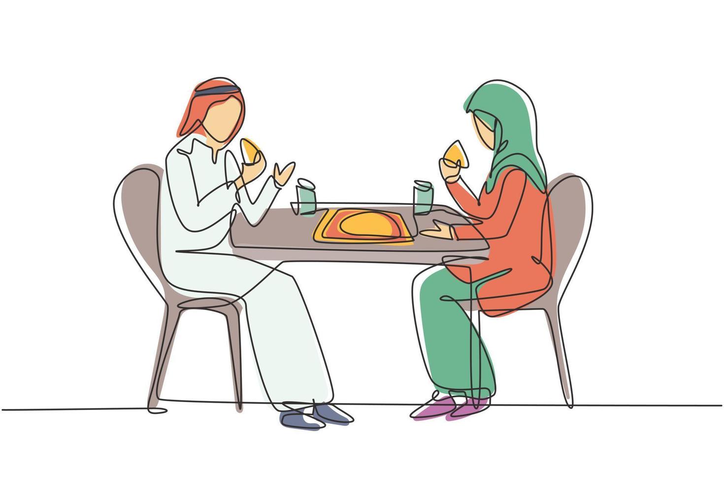 einzelne eine linie, die junges arabisches paar mann und frau mit kuchenmahlzeit um den tisch zeichnet. Hochzeitstag mit romantischem Abendessen feiern. durchgehende Linie zeichnen Design-Grafik-Vektor-Illustration vektor