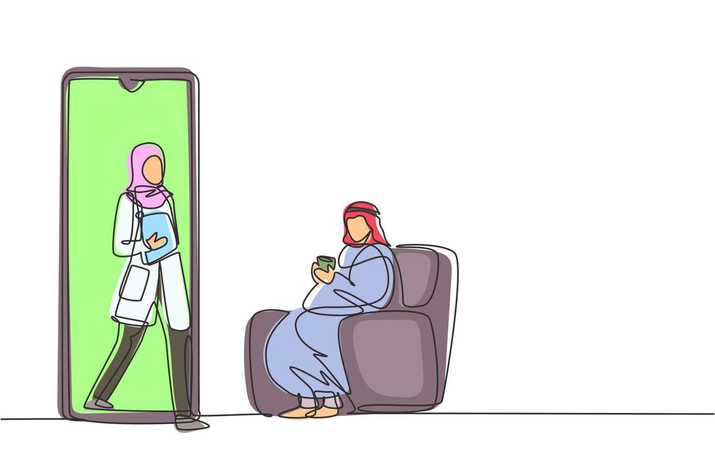 Kontinuierliche einzeilige Zeichnung eines arabischen männlichen Patienten, der zusammengerollt auf dem Sofa sitzt, eine Decke verwendet, eine Tasse hält und eine Ärztin aus dem Smartphone geht und die Zwischenablage hält. Single-Line-Draw-Design vektor