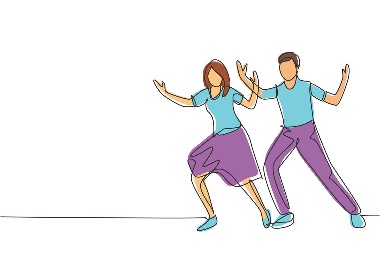 enda kontinuerlig linjeteckning människor som dansar salsa. par, man och kvinna i dans. danspar med vals tango och salsa stilar moves. dynamisk en rad rita grafisk design vektorillustration vektor