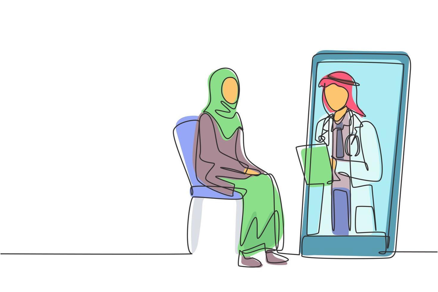 einzelne eine linie zeichnung arabischer männlicher arzt, der klemmbrett hält, um den zustand der weiblichen patientin zu überprüfen, die auf dem stuhl sitzt. Online-Beratung. moderne durchgehende Linie zeichnen Design-Grafik-Vektor-Illustration vektor